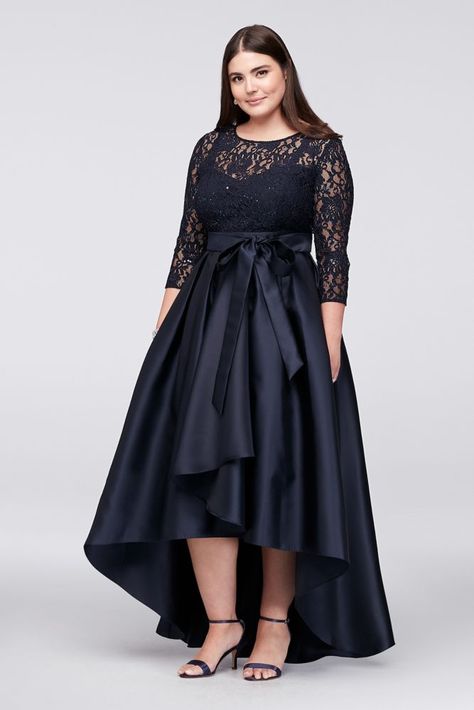 Mikado Plus Size Lace Bodice Plus-Size High-Low Ball Mother of Bride/Groom Gown High Low Ball Gown, High Low Dress Formal, Wedding Guest Gowns, Bow Sash, Sukienki Plus Size, Ball Skirt, Formal Dresses With Sleeves, فستان سهرة, Plus Size Wedding