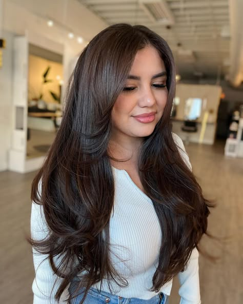 Long Haircuts For Plus Size Women, Waist Length Haircut, Long Layered Fine Hair, Straight Long Brown Hair, Hair Cuts For Plus Size Women, Haircuts For Round Faces Medium Length, Haircuts For Round Faces Long Layered, Straight Cut Hair, Haircuts For Long Hair Straight