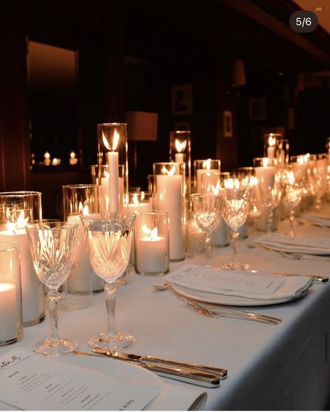 Elegant Glamour Wedding Decor, Wedding Reception Candles Romantic, Long Table Wedding Decor Candles, Candles Only Centerpiece Wedding, Alternating Tablecloths Wedding, Candles Aesthetic Wedding Table, Wedding Table Only Candles, Candle Ideas For Wedding Tables, Modern Wedding Candles