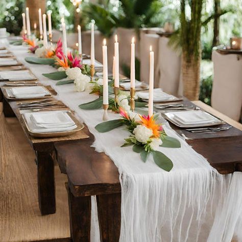 White Cheesecloth Table Runner Tablecloth, 35 x 120 Inch- 12 pieces Tropical Wedding Centerpieces Long Table, Greenery Table Runner With Fruit, Loose Greenery Table Runner, Foliage And White Runner Table, Hawaiin Table Runner, Tropical Luxury, Tropical Wedding Decor, White Runners, Luxe Wedding