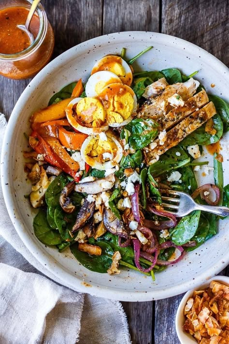 Spinach Salad with Grilled Chicken & Veggies | Feasting At Home Healthy Spinach Salad, Chicken Spinach Salad, Spinach Salad With Chicken, Salad With Grilled Chicken, Feasting At Home, Coconut Bacon, Spinach Salad Recipes, Grilled Chicken Breast, Chicken Veggies