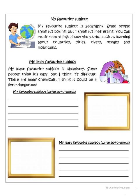 Like and Dislike - School Subjects Writing - English ESL Worksheets for distance learning and physical classrooms Writing Subjects Ideas, Writing Exercises For Beginners, Grade 2 Writing, Junior English, English Pictures, English Essays, Reading Comprehension Texts, Creative Writing Worksheets, English Activity