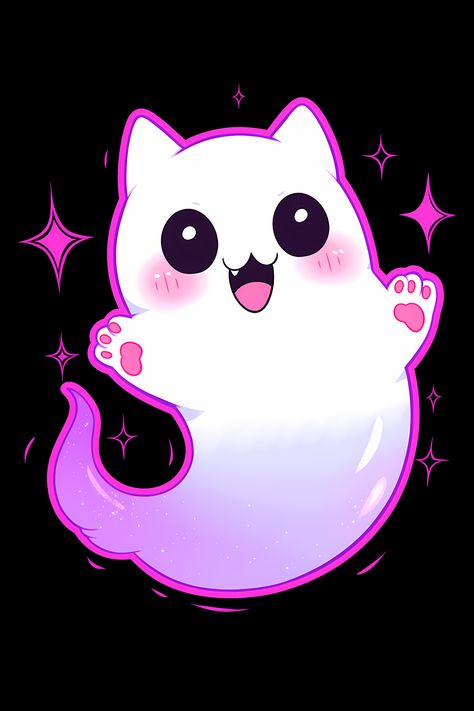 A cute pink Kitty Ghost with hauntingly cute sparkles for Halloween. #Redbubble #Halloween #Cute #Kawaii #Ghost #KittyGhost #CatGhost #Sparkles #Pink Ghost Kitty Drawing, Ghost Kitty, Purple Ghost, Pink Ghost, Kawaii Ghost, Spooky Cute, Ghost Cute, Cute Halloween Stickers, Cutest Cats Ever