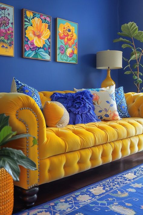 29 Vibrant Blue and Yellow Boho Decor Ideas for a Cheerful Home 13 Traditional Eclectic Decor, Yellow Hallway, Cute Rooms, Cheerful Home, Boho Decor Ideas, Traditional Boho, Yellow Living Room, Yellow Home Decor, Colourful Living Room