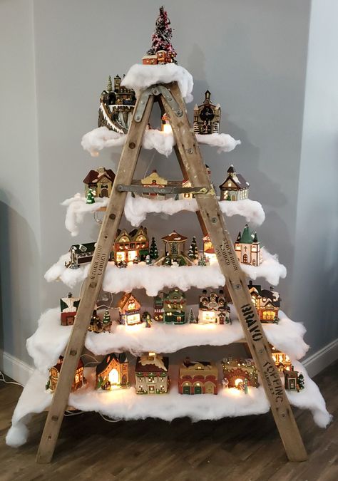 Wooden Ladder Christmas Village, Christmas Tree Shelving Unit, Ladder Village Display, Christmas Village Christmas Tree, Christmas Tree Ladder Ideas, Christmas Village Ladder Display, Family Christmas Tree Ideas, Diy Christmas Ladder, Christmas Village Ladder