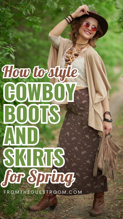 a women wears skirt with cowboy boots, western outfits Work Western Outfits Women, Midi Skirt And Cowboy Boots, Cowboy Boots With Skirt Outfit, Cowboy Boot Outfits For Women Over 50, Tights With Cowboy Boots, Styling Cowboy Boots, Skirt And Cowboy Boots Outfit, Boots And Skirts, Skirt With Cowboy Boots