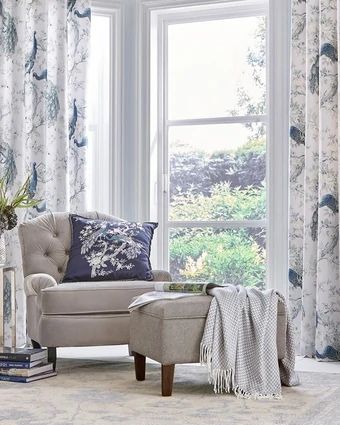 Belvedere Midnight Fabric on curtains covering window. Granny Bedroom, Laura Ashley Belvedere, Laura Ashley Curtains, Brand Moodboard, Room Inspired, Eyelet Curtains, Types Of Curtains, Blue Curtains, Pleated Curtains