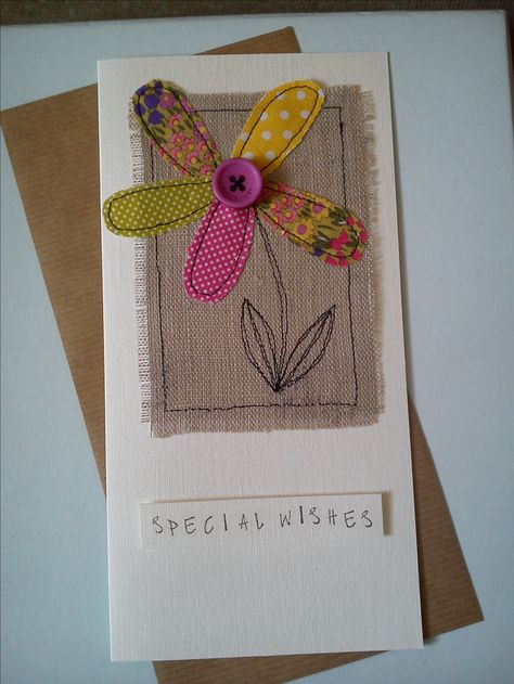 Machine sewn flower birthday card made with Moda fabrics, burlap & a button Flower Birthday Card, Button Machine, Freehand Machine Embroidery, Flower Birthday Cards, Sewing Cards, Embroidery Cards, Fabric Postcards, Flower Birthday, Fabric Cards