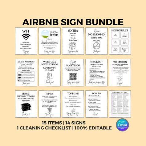 Airbnb Sign bundle Templates | Airbnb Sign Templates | Editable Canva Airbnb Signs | Welcome Signs | Airbnb Cleaning Checklist | VRBO | WIFI Looking to take your Airbnb experience to the next level? My professional 16 sign template bundle is just what you need! Welcome your guests with all the information they need with these Airbnb signs, customized to your individual vacation rental, available in 3 sizes. This Airbnb sign bundle includes 15 signs and one comprehensive cleaning checklist. This Airbnb Inventory Checklist, Airbnb Rules For Guests, Breakfast Hosting, Airbnb Printables, Airbnb Cleaning Checklist, Airbnb Checklist, Bnb Ideas, Airbnb Signs, Airbnb Sign