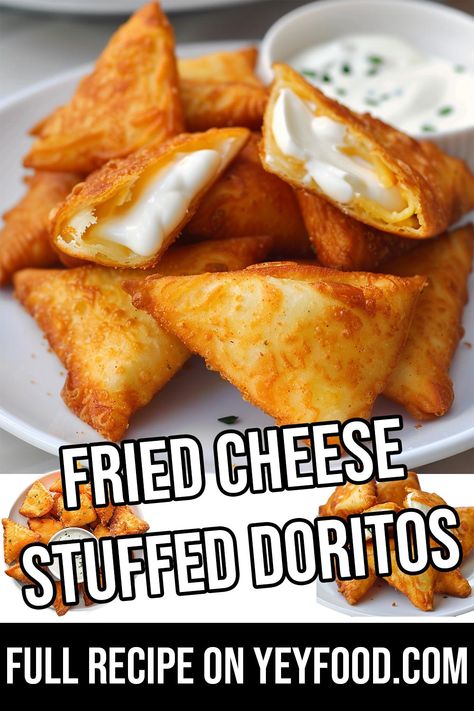 Fried Cheese Stuffed Doritos Fried Cheese Stuffed Doritos, Cream Cheese And Bacon Stuffed Doritos, Stuffed Doritos, Fried Cheese Sticks, Cinnamon Bread Easy, Cheese Triangles, Mac N Cheese Balls, Hacks For Home, Fried Cheese