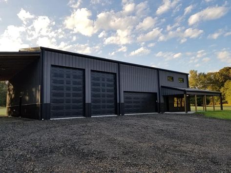 Dark Grey Shop Exterior, Mechanic Shop Exterior, Metal Shop Design Ideas, Metal Shop Building With Outdoor Kitchen, Commercial Garage Design, Burnished Slate Metal Building With Black Trim, Black Pole Building, Shop House Exterior Design, Truck Shop Garage