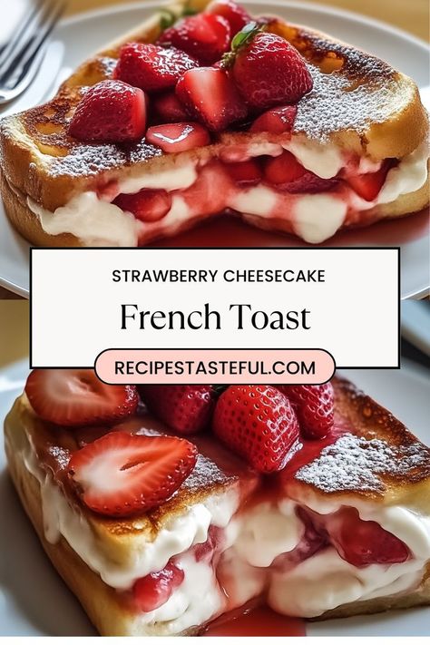 Indulge in this decadent Strawberry Cheesecake French Toast, featuring a creamy cheesecake filling topped with fresh strawberries. Perfect for a special breakfast or brunch, this dish combines the sweetness of strawberries with the richness of cream cheese, all enveloped in golden, crispy French toast. Sweet Cream Cheese Filling For French Toast, French Toast With Cream Cheese Topping, Baked Strawberry Cream Cheese Stuffed Croissant French Toast, Thick French Toast, Strawberry Cream Cheese French Toast, Strawberry Cheesecake French Toast, Strawberries And Cream Cheese, French Toast Toppings, Crispy French Toast