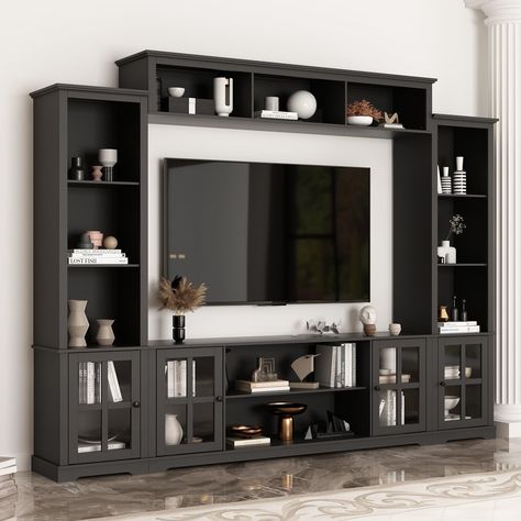 Entertainment Center With Glass Doors, Tv Stand With Bookshelves, Black Entertainment Center, Wall Unit Tv, Black Tv Console, Modern Tv Console, Tv Stand Bookshelf, Tv Stand Unit, Tv Console Modern