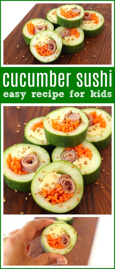 Kid Friendly Cucumber Sushi for Back-to-School | Quick & fun kids lunchbox idea - perfect for school lunches! Healthy & easy gluten & sandwich free recipe #HealthyRecipe #Snacks #KidsSnacks #backtoschool #lunchboxideas Sushi For Kids, Fun School Lunches, Cucumber Sushi, Recipe For Kids, Kids Cooking Recipes, Fun School, Fun Lunch, Easy Meals For Kids, Fun Kids Food