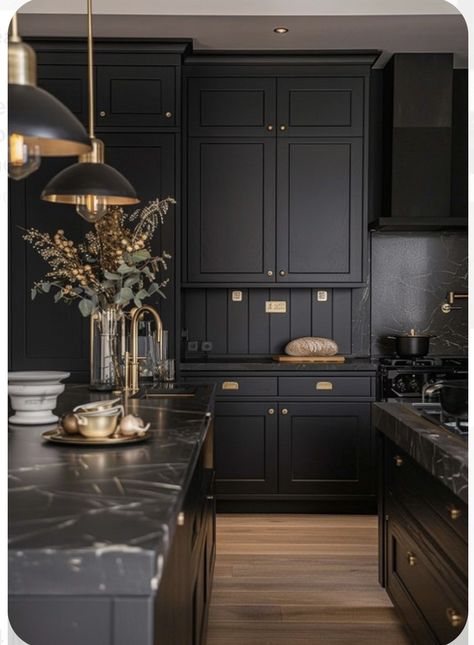 Black Countertops And Cabinets, Black Cabinet And Countertop, Minimalist Kitchen Black Countertop, Kitchen Inspo Black Appliances, Black Countertop With Black Cabinets, Off Black Kitchen Cabinets, Moody Transitional Kitchen, Black Kitchen Black Countertop, Black Cabinets White Countertops Kitchen