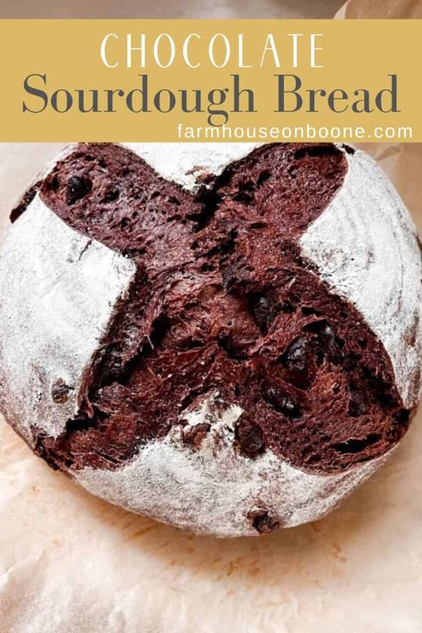 Double chocolate sourdough chocolate bread is a decadent recipe you will want to make over and over. Soft and chewy on the inside, crusty on the outside, and scattered with chocolate chips throughout. #farmhouseonboone #sourdoughchocolatebread #sourdoughbread #chocolatesourdoughbread Chocolate Sourdough Bread Recipe, Sourdough Bread Healthy, Chocolate Sourdough Bread, Chocolate Sourdough, Recipe Using Sourdough Starter, Sourdough Starter Discard Recipe, Chocolate Chip Bread, Homemade Sourdough Bread, Bread Starter