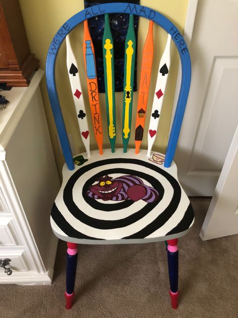 Chair hand painted in the theme of Alice in Wonderland Alice In Wonderland Painted Furniture, Alice In Wonderland Chair, Alice In Wonderland Furniture, Decoupage Chair, Alice In Wonderland Diy, Alice In Wonderland Room, Alice In Wonderland Crafts, Alice In Wonderland Decorations, Hand Painted Chairs