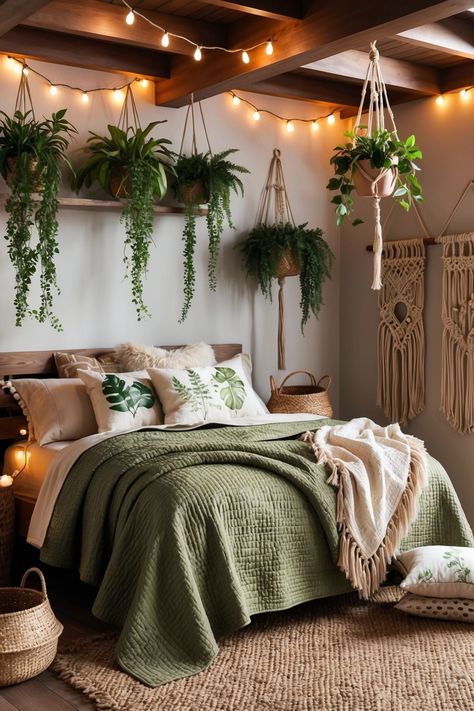 aesthetic bedroom with plants hanging around Bedroom Plant Theme, Cute Plant Room Decor, Earth Inspired Bedroom, Bedroom Nature Decor, Peaceful Green Aesthetic, Nature Inspired Bedding, Nature Style Bedroom, Room Decor Ideas Plant Theme, Bedroom Ideas Botanical