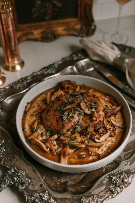 Crispy Baked Chicken Over Polenta — Freddie Cipoletti Chicken Polenta Recipes, Chicken And Polenta Recipes, Polenta And Chicken, Polenta Chicken, Chicken Polenta, Au Jus Sauce, Turkey Entrees, Jus Sauce, Crispy Mushrooms