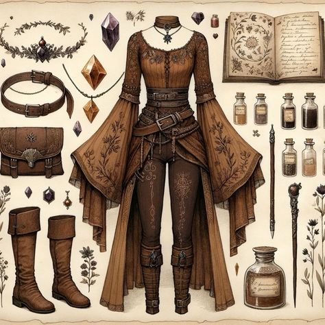 Witch Outfit Fantasy Art, Druid Aesthetic Clothing Dnd, Cute Fantasy Outfits Drawing, Fantasy Dnd Outfits, Fantasy Book Outfits, Wizard Aesthetic Outfit, Fantasy Outfit Reference, Fantasy Fashion Aesthetic, Fantasy Clothing Aesthetic