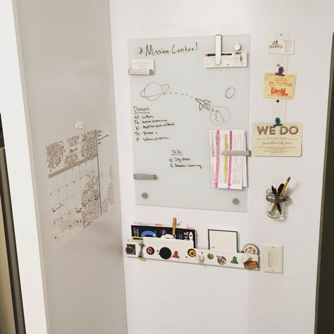 Completed kitchen command center. IKEA notice board and Container store magnetic pocket and strip. Command Center Ikea, Kitchen Notice Board Ideas, Ikea Notice Board, Kitchen Notice Board, Kitchen Command Center, Command Center Kitchen, Swift Party, House Storage, Apartment Vibes