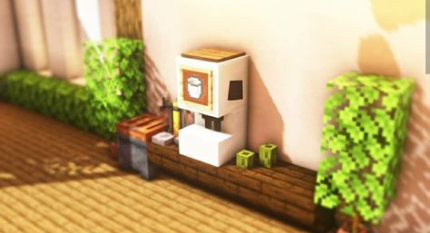 Minecraft Refrigerator Ideas, Coffee Bar Minecraft, Cat Area Minecraft, Minecraft Room Decor Ideas In Game, Minecraft Washing Machine, Minecraft Umbrella Table, Minecraft Lamp Ideas Inside, Minecraft Drawers, Minecraft Display Case