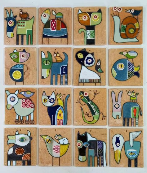 Ceramic Tiles by Mario Reis Fall Canvas Painting, Arte Doodle, Whimsical Art Paintings, Fabric Painting Techniques, Clay Tiles, Happy Paintings, Painting Tile, Mini Canvas Art, Art Practice