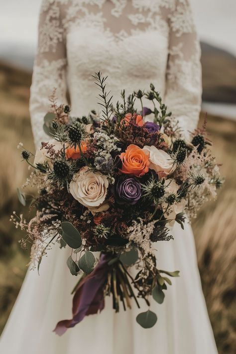 Bouquet With Thistle, Bridesmaid Bouquet Alternatives, Thistle Wedding, Wildflower Wedding Bouquet, Gorgeous Wedding Bouquet, Unique Floral Arrangements, Wedding Thanks, Viking Wedding, Lavender Bouquet