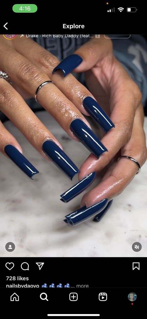 Navy Blue Tapered Square Nails, Winter Color Acrylic Nails, Long Blue Nails Acrylic, Coffin Navy Blue Nails, Navy Blue Square Acrylic Nails, Dark Nails Square, Long Dark Blue Nails, Dark Blue Nails Coffin, Dark Blue Nails Square