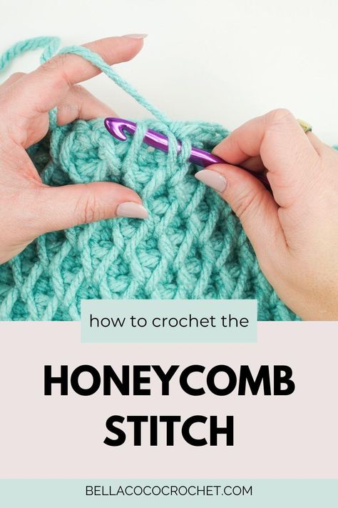 Honeycomb Stitch - Free Crochet Pattern - Bella Coco Crochet Honeycomb Stitch Crochet Blanket, Tunisian Honeycomb Stitch Tutorial, Crochet Almond Stitch, Honey Comb Crochet Pattern Free, Honeycomb Crochet Pattern, Honeycomb Crochet Pattern Free, Honeycomb Stitch Crochet, Honeycomb Crochet Stitch, Textured Crochet Stitches Free