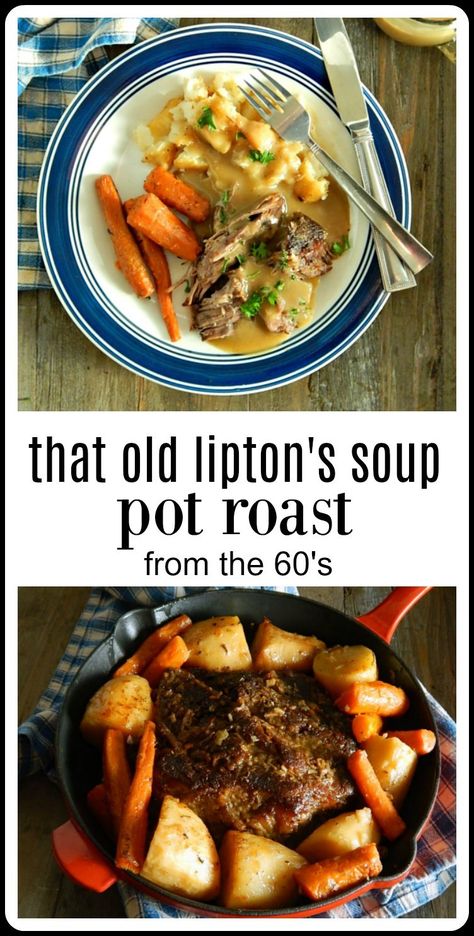 That Old Lipton Onion Soup Pot Roast Recipe is still a classic. Done up with potatoes and carrots in the oven or slow cooker it tastes like home. #PotRoastn #LiptonsPotRoast #LiptonOnionPotRoast #SlowCookerLiptonsPotRoast Instapot Pot Roast Lipton Onion Soup, Crockpot Pot Roast With Onion Soup, Onion Soup Mix Roast Crockpot, Potatoes With Lipton Onion Soup, Lipton Onion Soup Pot Roast, Onion Soup Pot Roast, Roast With Onion Soup Mix, Crockpot Sides, Chuck Roast Crock Pot Recipes