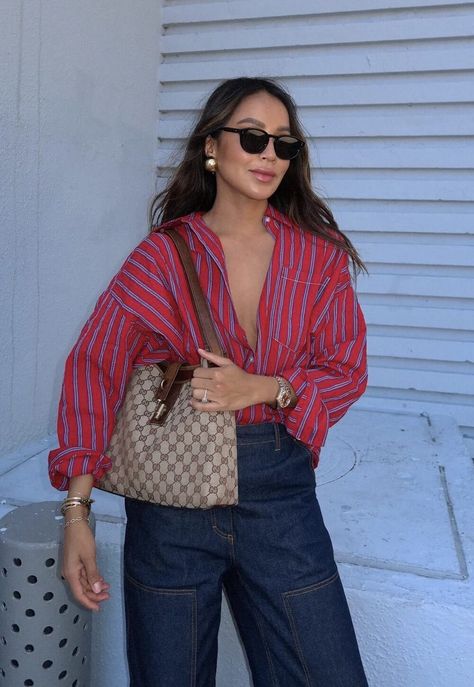 Easy outfit idea for spring! – Sincerely Jules Red Shirt Outfits, Julie Sarinana, Red Striped Shirt, Aesthetic Street, Casual Glam, Easy Outfit, Inspiration Aesthetic, Sincerely Jules, Stripe Shirt