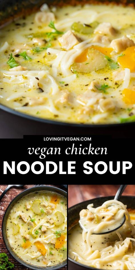 This vegan chicken noodle soup is the perfect comfort food! It's creamy, cozy and delicious and tastes just like the classic comfort soup you know and love. | lovingitvegan.com Vegan Sick Recipes, Vegan Creamy Chicken Noodle Soup, Vegan Chicken Noodle Soup Crockpot, Vegan Chicken Noodle Soup Easy, Vegan Sick Day Food, Chicken Noodle Soup Vegetarian, Vegetarian Chicken Soup, Tofu Chicken Noodle Soup, Meatless Chicken Noodle Soup