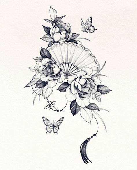 Line Work Sleeve, Sleeve Tattoos For Women Unique, Tattoos For Women Unique, Japanese Flower Tattoo, Fan Tattoo, Japan Tattoo Design, Floral Tattoo Sleeve, Sketch Tattoo, Peonies Tattoo