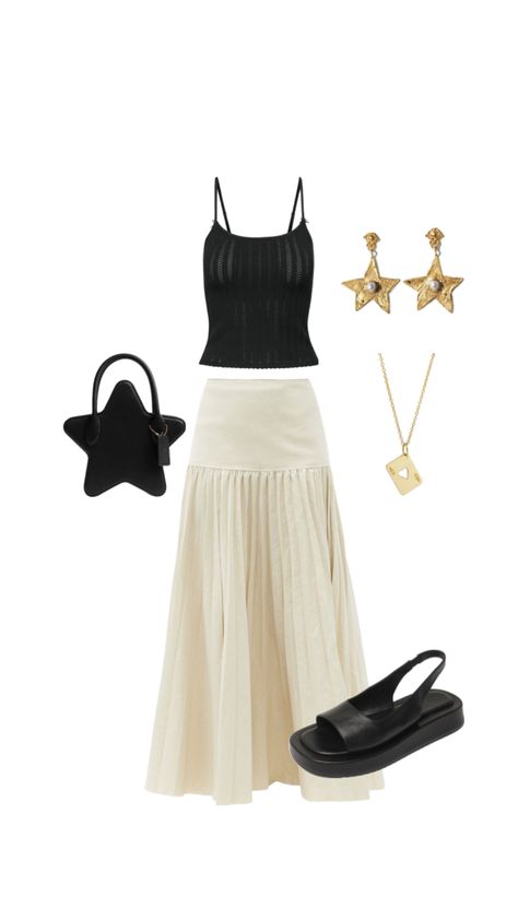 Cream Skirt, Black Tank Top, Gold Accessories, Black Tank, Star Shape, Black Tank Tops, Perfect Summer, Gold Accents, Black Sandals