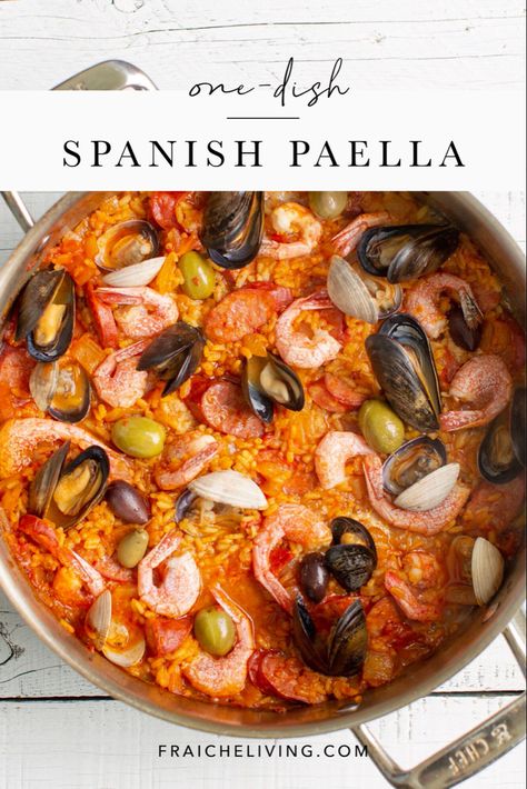 This seafood and chorizo paella is packed with flavour thanks to the spices, bold chorizo sausage, and addition of mussels, shrimp, and clams. #paella #spanish #spanishpaella #paellarecipe Spanish Paella, Veggie Sausage, Weekend Dinner, Paella Recipe, Chorizo Sausage, Spanish Dishes, Spanish Food, Fresh Seafood, Classic Dishes