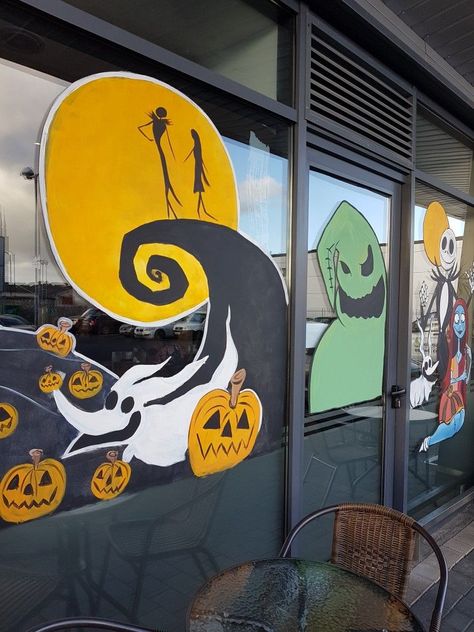 Painting Windows For Halloween, Halloween Glass Window Painting, Jack Skellington Window Painting, Nightmare Before Christmas Mural, Halloween Window Display Paint, Window Halloween Painting, Nightmare Before Christmas Window Art, Window Painting Ideas Halloween, Halloween Painted Windows