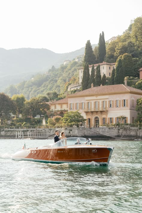 Best Asian couple photo idea on Riva Boat from wedding at Villa Pizzo, Lake Como | destination wedding Italy | Sunset couple photo inspiration | Ride aboard a private limousine at golden hour on Lake Como Destination Wedding Cost, Shooting Couple, Comer See, Destination Wedding Italy, Cinema Wedding, Boat Wedding, Como Wedding, Private Wedding, Lake Como Wedding