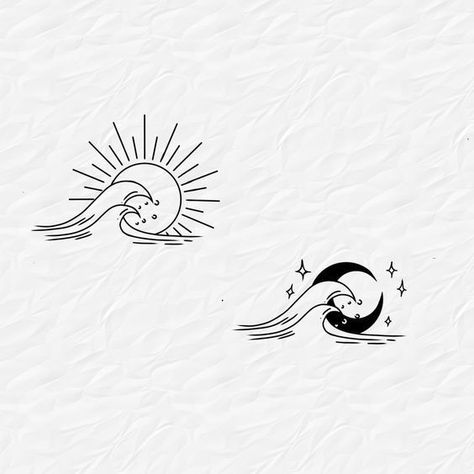 Double Trouble Tattoo Ideas, Sun Moon Beach Tattoo, Sun And Moon Flash Tattoo, Couple Flash Tattoo, Moon And Beach Tattoo, Moon And Sun Tattoo Ideas, Ocean Simple Tattoo, Sun Moon Ocean Tattoo, Beach Flash Tattoo