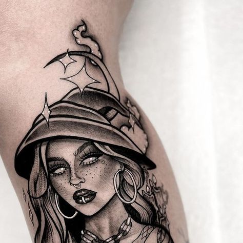 ＳＰＩＣＹ　ＩＮＫ on Instagram: "Magician Goth Girl by @melissa_rb.tattoo 🤍 . . . . . #tatt #tattoo #tattooed #tattoos #tattoosofinstagram #girlswithtattoos #tattooideas #tattooart #tattoodesign #tattooinspiration" Goth Pinup Tattoo, Goth Girl Tattoo, Goth Women Tattoos, Goth Tattoos, Girl Thigh Tattoos, Sisters Tattoo, Pin Up Girl Tattoo, Goth Tattoo, Creepy Tattoos