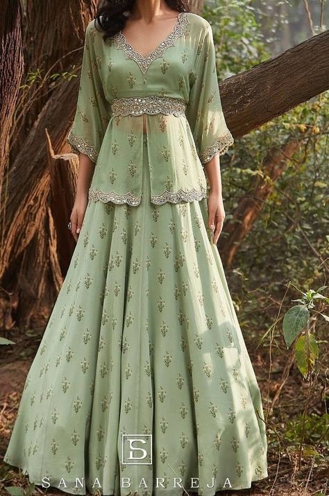 Long Lengha Blouse, Ghagra Long Blouse Designs, Belt Gown Style Indian, Georgette Gowns Western, Palazzo Pant With Crop Top And Coat, Skirt And Long Top Indian, Peplum Top Sharara Set, Kurti Ghagra Designs, Lengha With Long Top