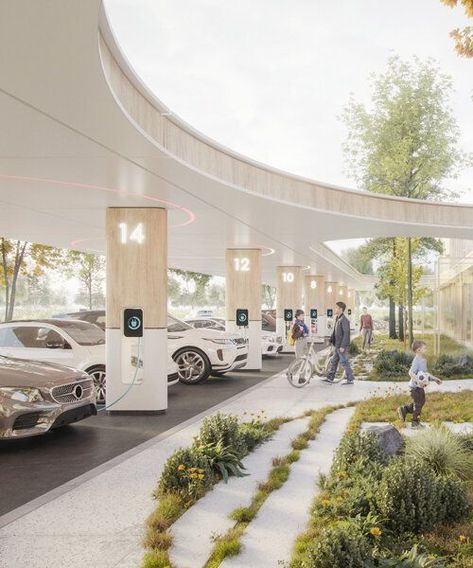 Ev Station Design, Gas Station Architecture, Parking Plan, Electric Station, Bridge Architecture, Parking Building, Electric Charging Stations, Electric Car Charging, Car Station