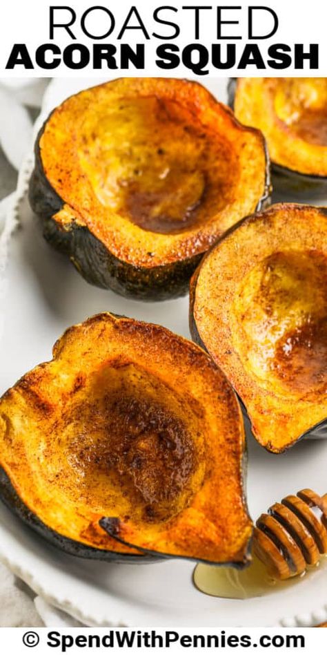 Roasted acorn squash is an easy yet elegant side dish for the holiday dinner table! Made with a bit of butter, honey, and a sprinkling of cinnamon, it is both sweet & savory. Acorn squash is so versatile, substitute the honey for maple syrup or brown sugar, or make stuffed squash by filling the squash with ground sausage, cheese, and bell peppers! Toss leftover squash in soups or stews for easy lunch or dinners all week long.  #honeybutterroastedacornsquash #roastedacornsquash #recipe #sidedish Acorn Squash In Oven, Savory Acorn Squash, Leftover Squash, Squash In Oven, Honey Substitute, How To Cook Squash, Pasta Substitute, Roasted Acorn Squash, Stuffed Squash