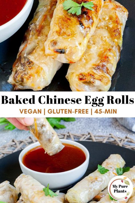 These vegan egg rolls have a delicious filling of carrots, cabbage, scallion, and mushrooms wrapped in crunchy rice paper wrappers. You can prepare the filling in 10 minutes and bake the whole batch in one in 20 minutes. Or deep-fry or air-fry them for a couple of minutes. Baked Rice Paper Spring Rolls, Vegan Spring Rolls Rice Paper, Egg Roll Rice Paper, Crunchy Rice Paper Rolls, Brown Rice Paper Spring Rolls, Baked Rice Paper Rolls, Gluten Free Spring Roll Wrappers, Spring Roll Filling Ideas Vegetarian, Rice Paper Veggie Wraps