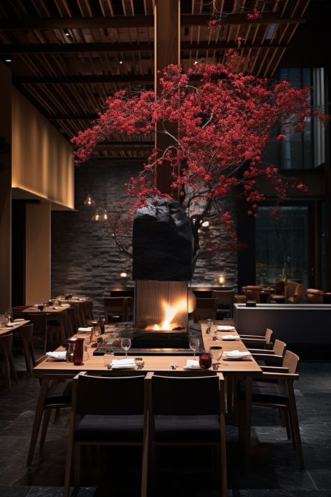 Dark Theme Restaurant Interior, Japanese Resto Design, Modern Izakaya Interior, Fancy Asian Restaurant, Modern Japanese Restaurant Design, Japanese Aesthetic Restaurant, Korean Restaurant Aesthetic Interior, Japanese Bar Design, Modern Izakaya