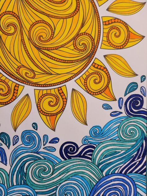 Swirl Sun Drawing, Sun Folk Art, Sun Zentangle, Sun Painting Hippie, Sun Mandala Painting, Ocean Folk Art, Sun Zentangle Patterns, Trippy Sun Drawing, Mexican Folk Art Painting