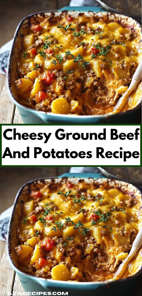 Whip up this Cheesy Ground Beef and Potatoes recipe for a filling and flavorful meal. The combination of beef, potatoes, and cheese makes it a comfort food favorite everyone will love. Ground Beef Diced Potato Casserole, Cheesy Beef And Potato Casserole, Diced Potato Recipes, Meat And Potatoes Recipes, Dinner Ideas With Chicken, Hamburger And Potatoes, Cheesy Ground Beef, Dinner Ideas For Two, New Dinner Ideas