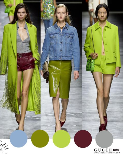 Bright vivid green lime colors and color pairings seen at Gucci Spring Summer 2024 catwalk #gucci #fashiontrends2024 #colorforecasting #greenfashion #coolmatcha #green #fashiontrendforecast #springfashion #summerfashion #ss24 Spring Summer 2024 Fashion Runway, Lime Green Fashion, Gucci 2024, 2024 Colors, Summer Color Trends, Print And Pattern, Ss 2024, Lime Color, Fashion Runway Show