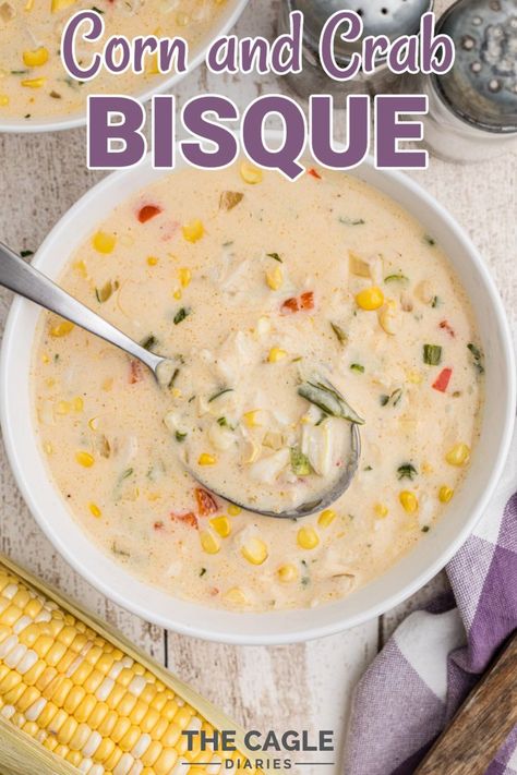 Delicious creamy and full of southern spice, this Corn and Crab Bisque is one of our absolute favorites. Full of crab meat and tasty sweet corn, you'll love it too! Follow my step by step photographs. Corn And Crab Bisque, Crab And Corn Bisque, Crab And Corn Soup, Crab Bisque Recipe, Crab And Corn Chowder, Crab Soup Recipes, Bisque Soup Recipes, Crab Bisque, Seafood Bisque