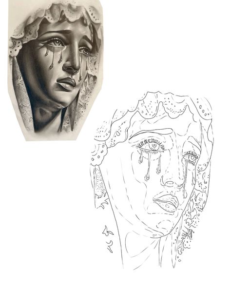 Color Packing Tattoo Technique, Tattoo Stencils With Shading, Lady Of Sorrows Tattoo, Real Tattoo Designs, Portrait Tattoo Stencil, Tattoo Stencil Outline Simple, Tattoo Design Portrait, Realistic Tattoo Stencil, Realism Stencil